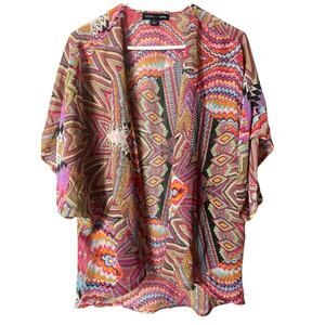 Circles and Cycles Open Front Short Sleeve Colorful Geometric Pattern Kimono S